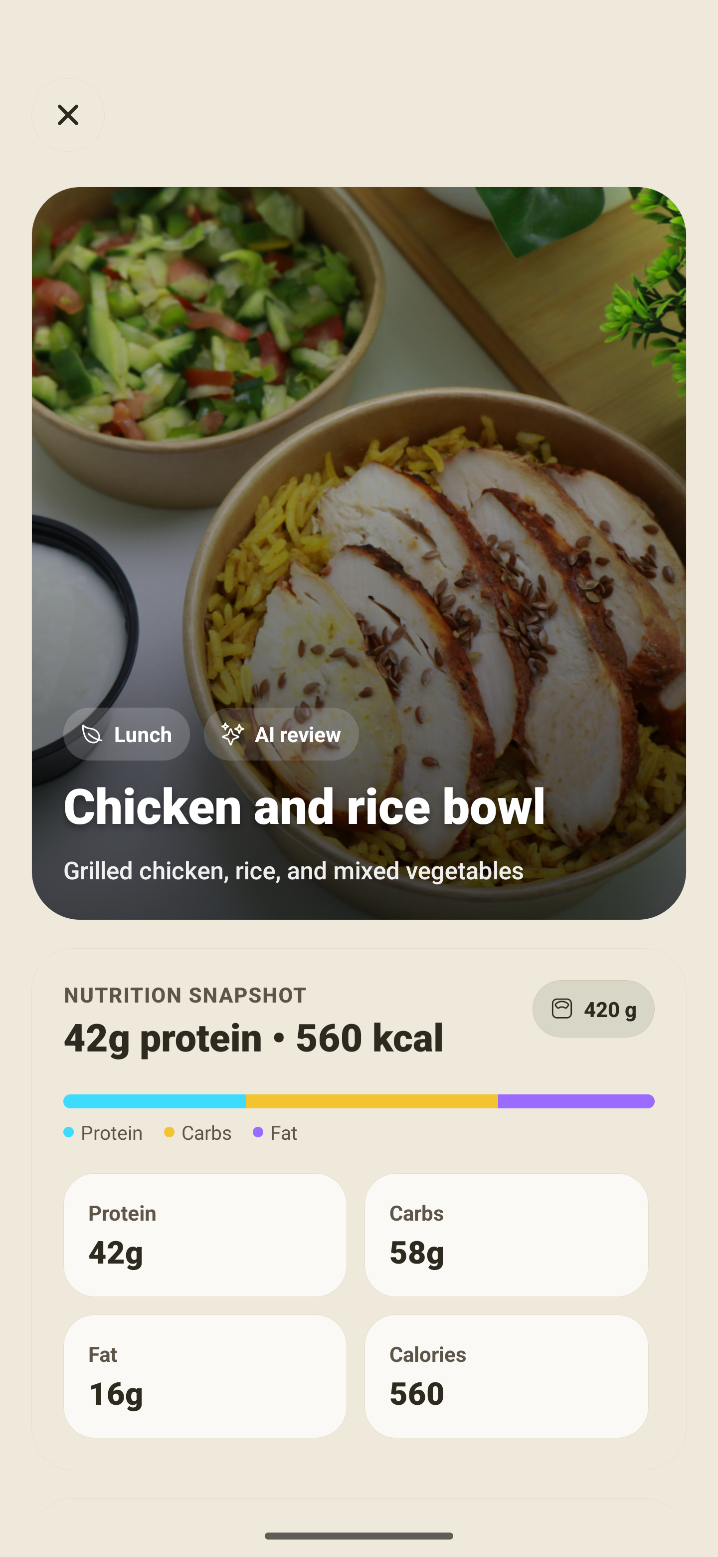 GainzKeepr AI meal review screen showing calories, macros, and detected foods before saving