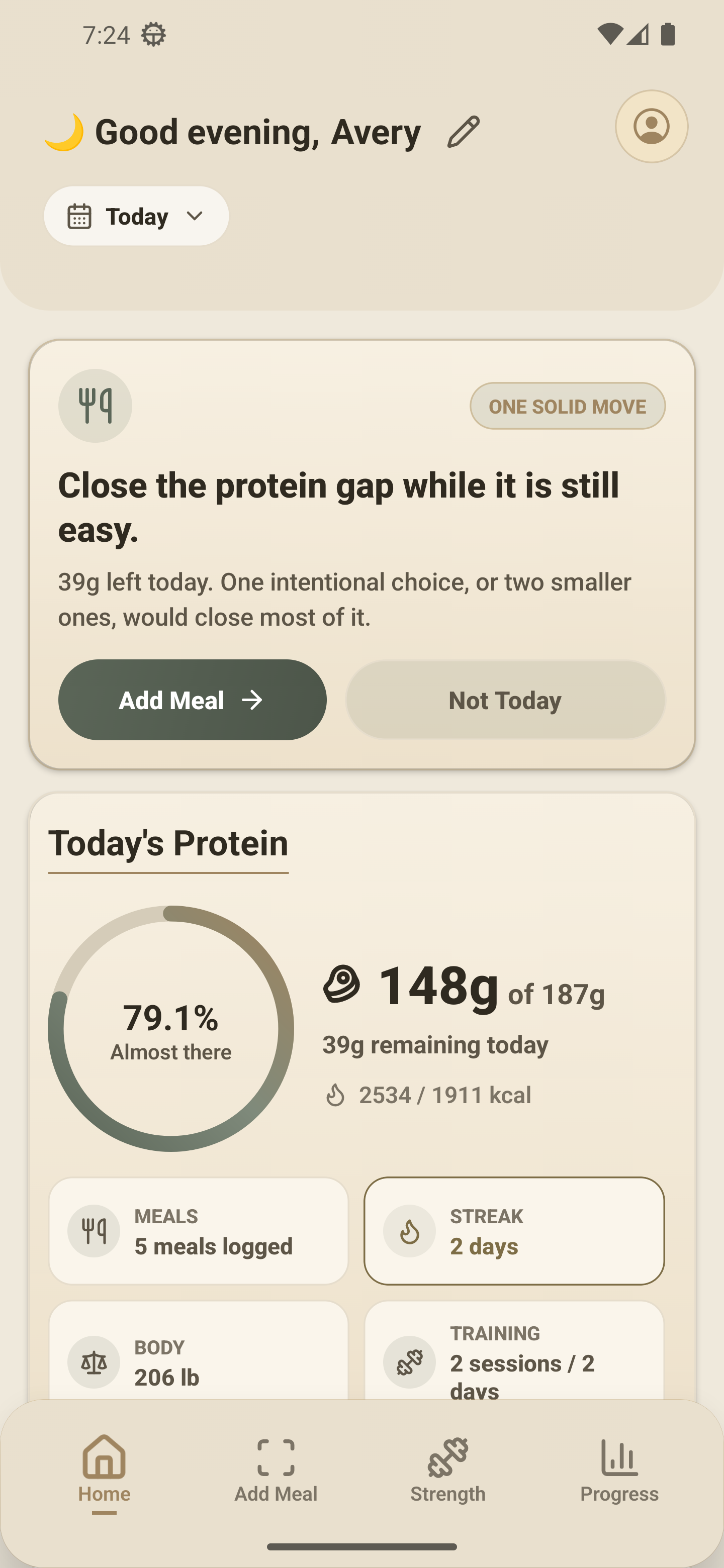GainzKeepr home dashboard showing protein progress and recent meal logging