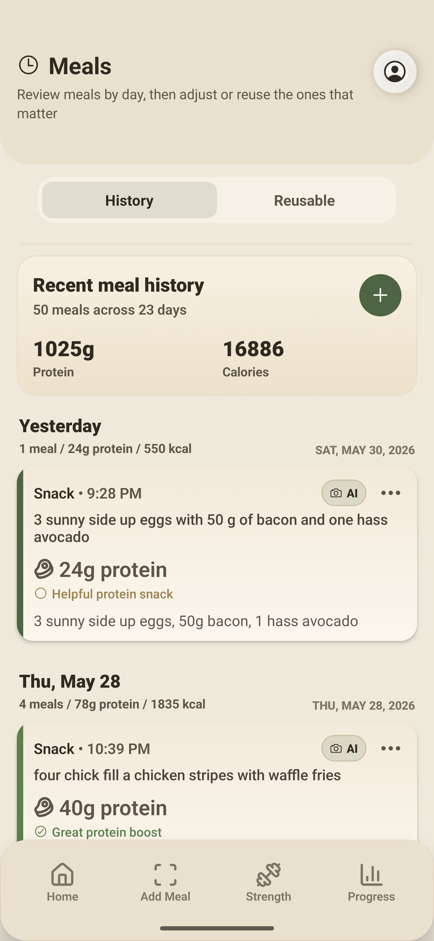 GainzKeepr meal history screen showing grouped meals and logged history