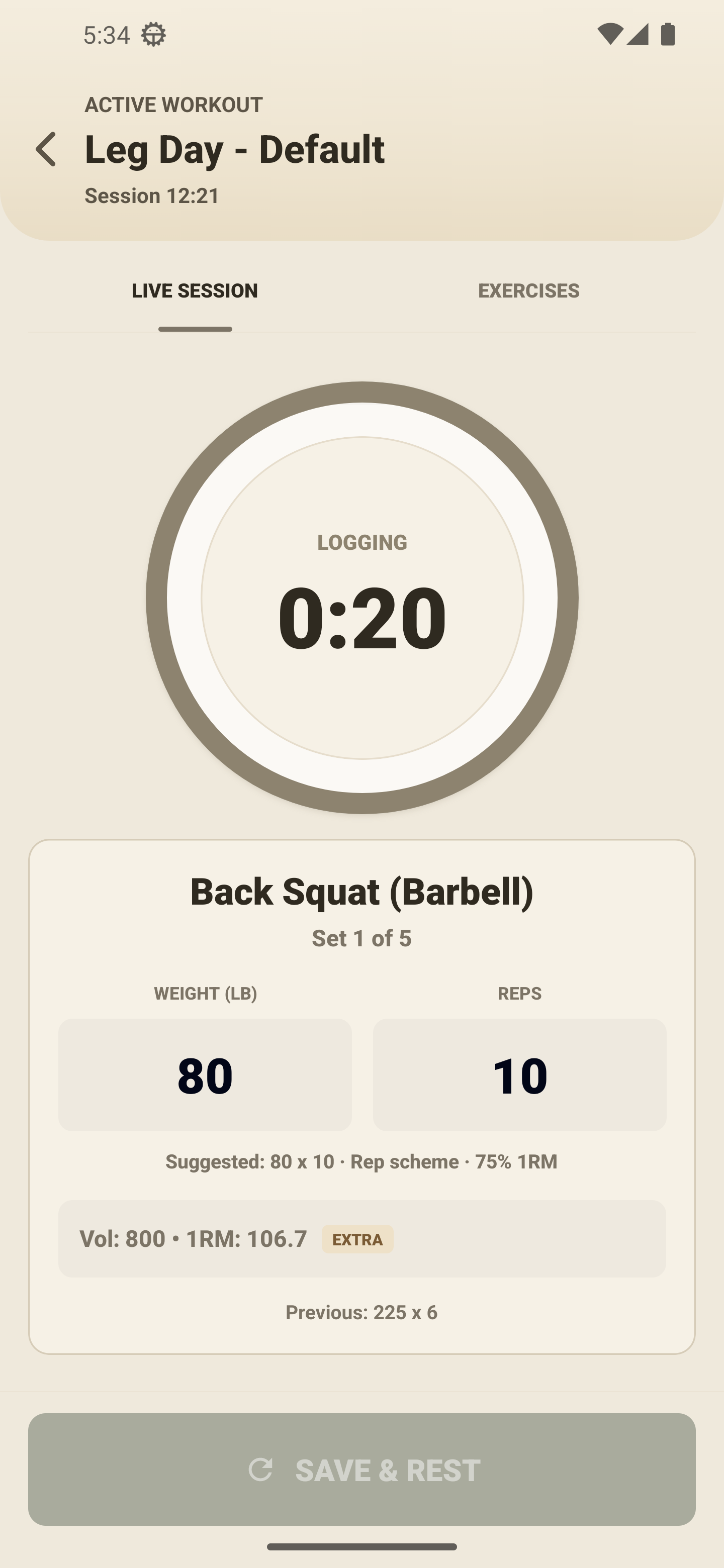GainzKeepr workout runner showing live set logging and volume tracking